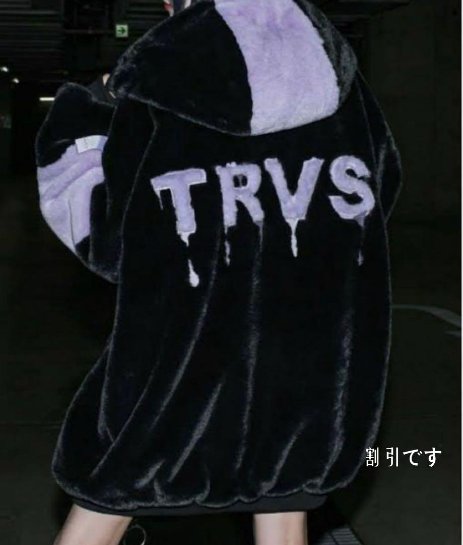 TRAVAS TOKYO パッチワーク ロゴ ファー パーカー コート ブラック-