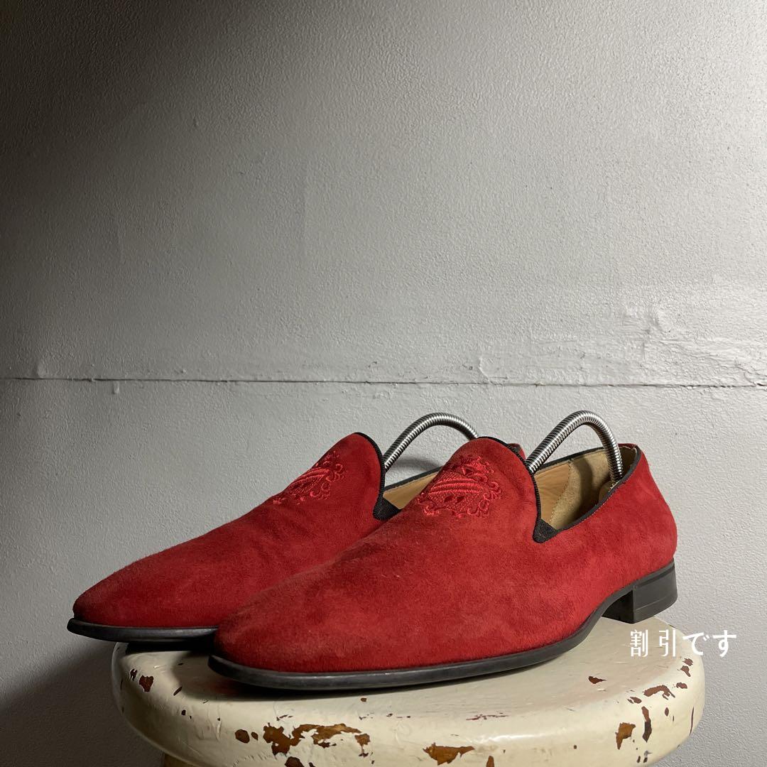 ITALY製 レザーシューズ レザーローファー 刺繍 革靴 赤 高級 E126-